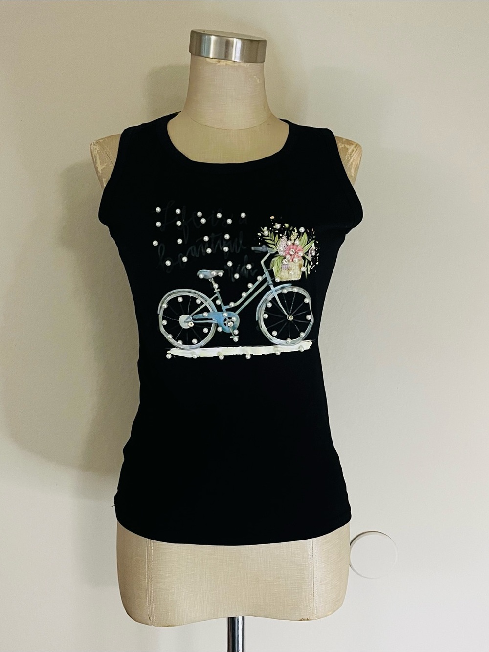 Black Sleeveless Graphic Tank with Pearl Accents